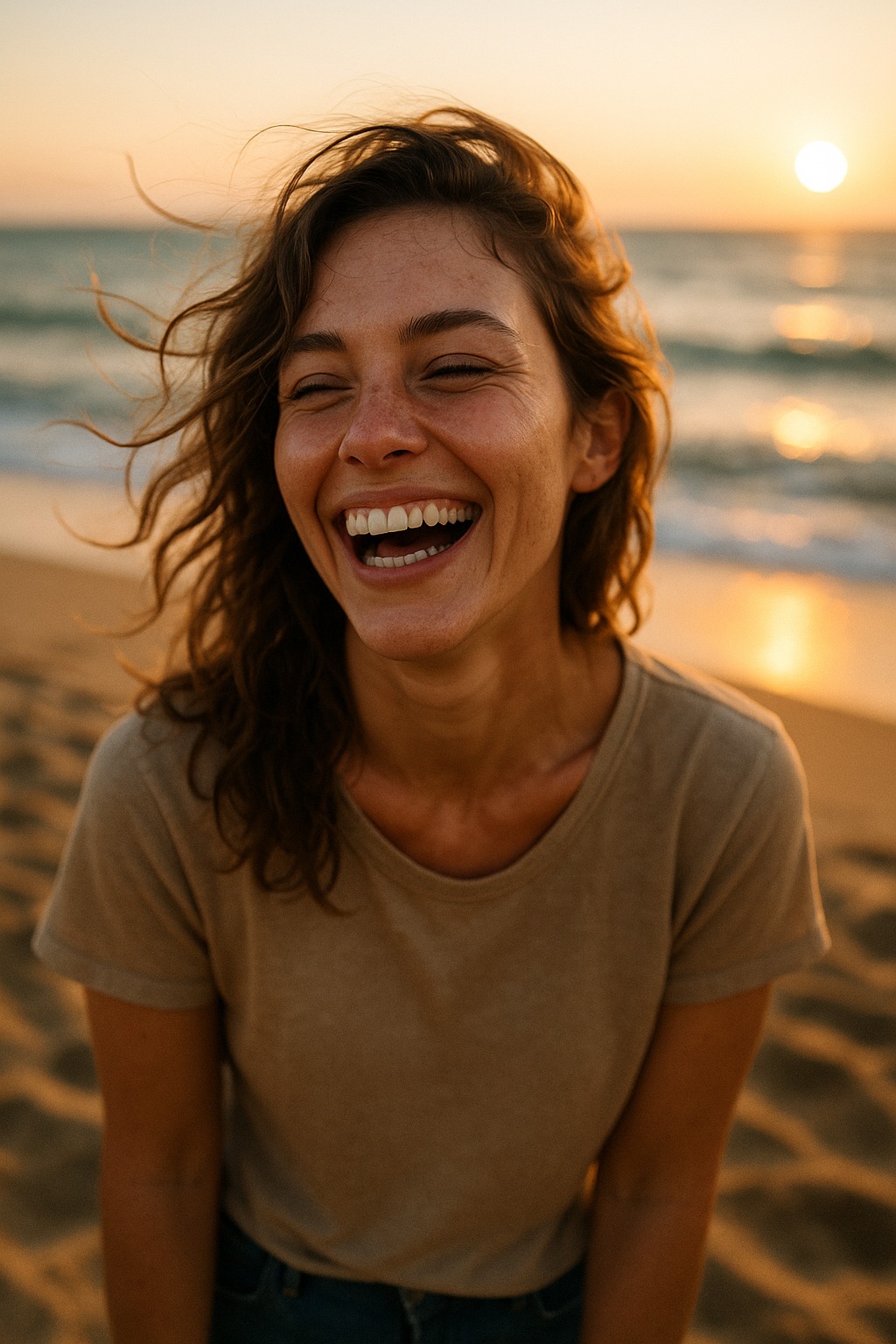A woman laughing on the beach at sunset