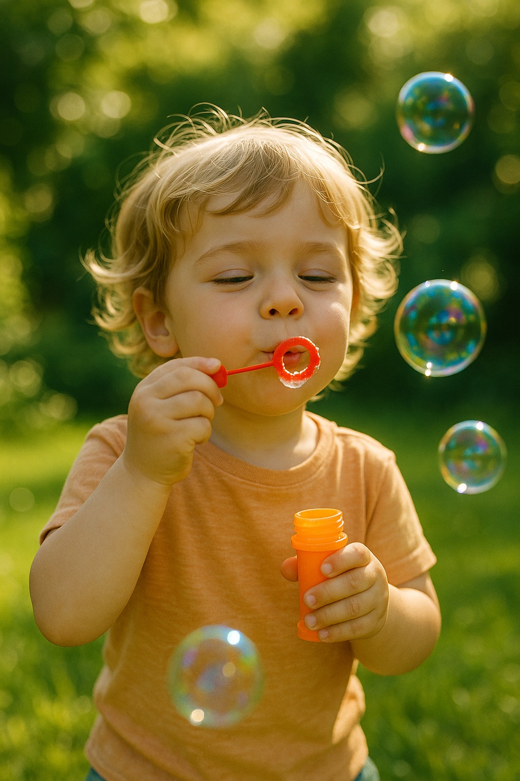 A child making bubbles in a sunny garden