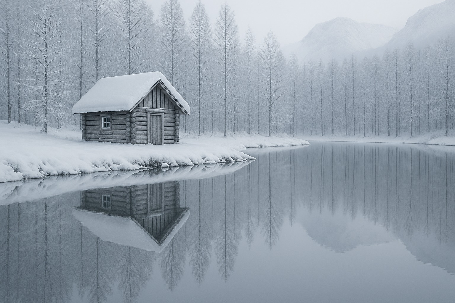 The cabin beside the lake in winter