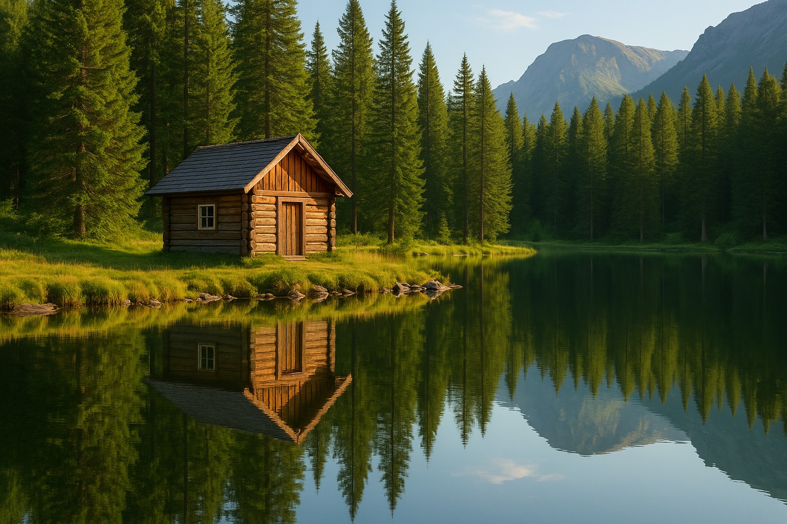 The same cabin beside the lake in summer