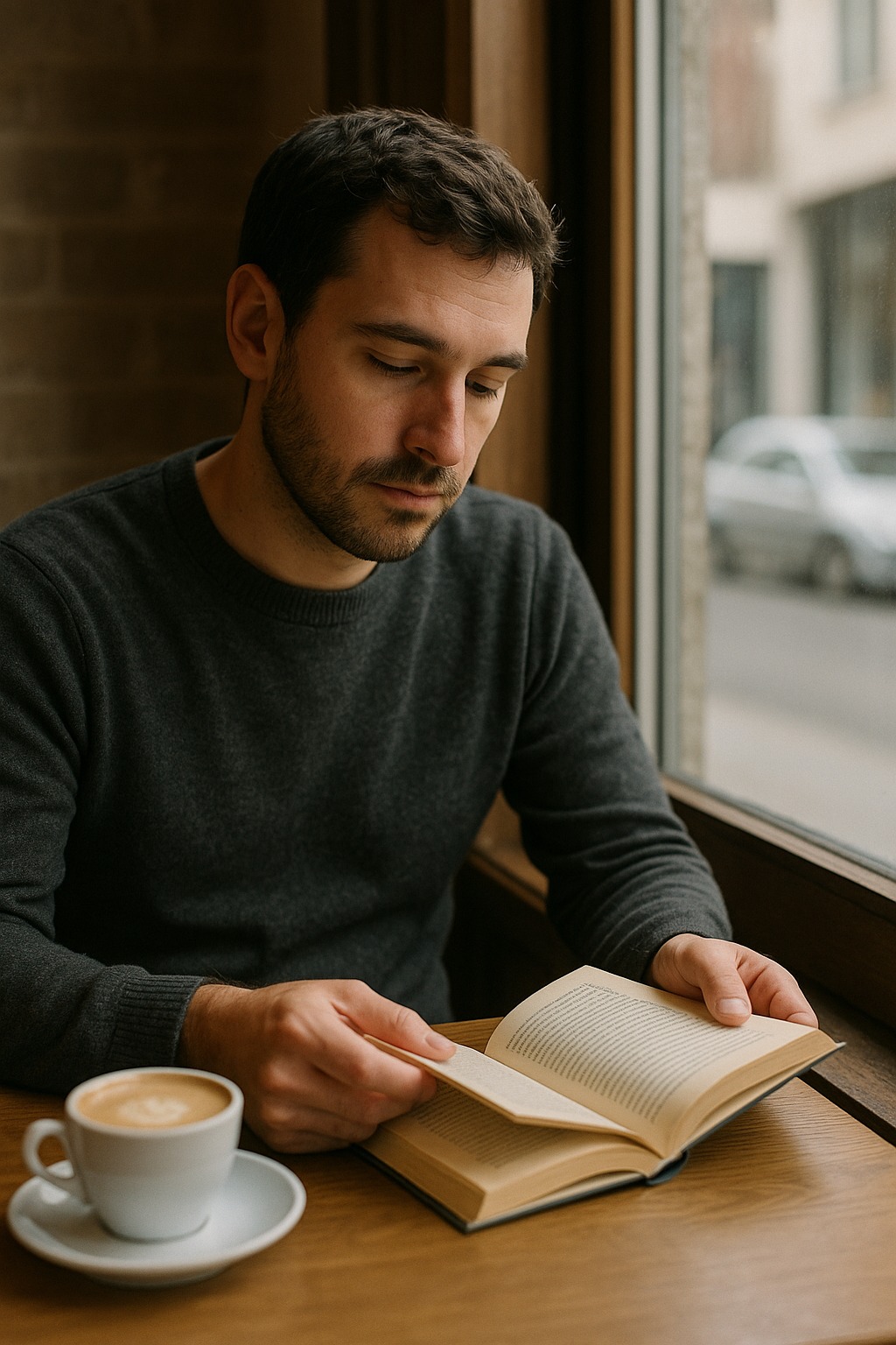A quiet moment reading by a café window