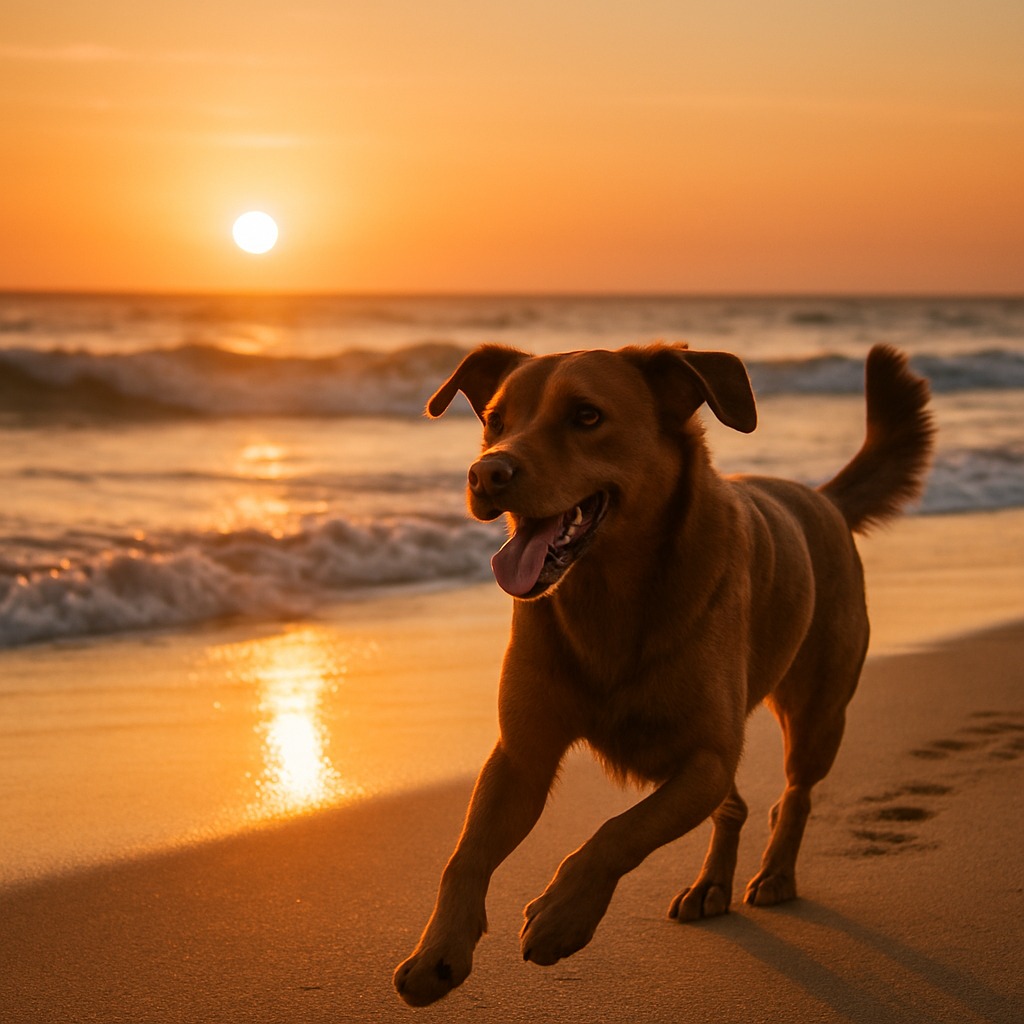 A dog on the beach, an example of a photo found by description
