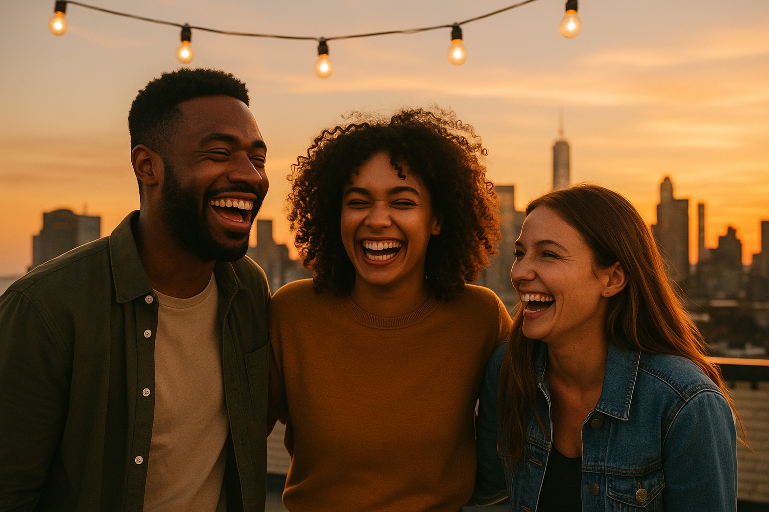 Three friends together on a rooftop at sunset