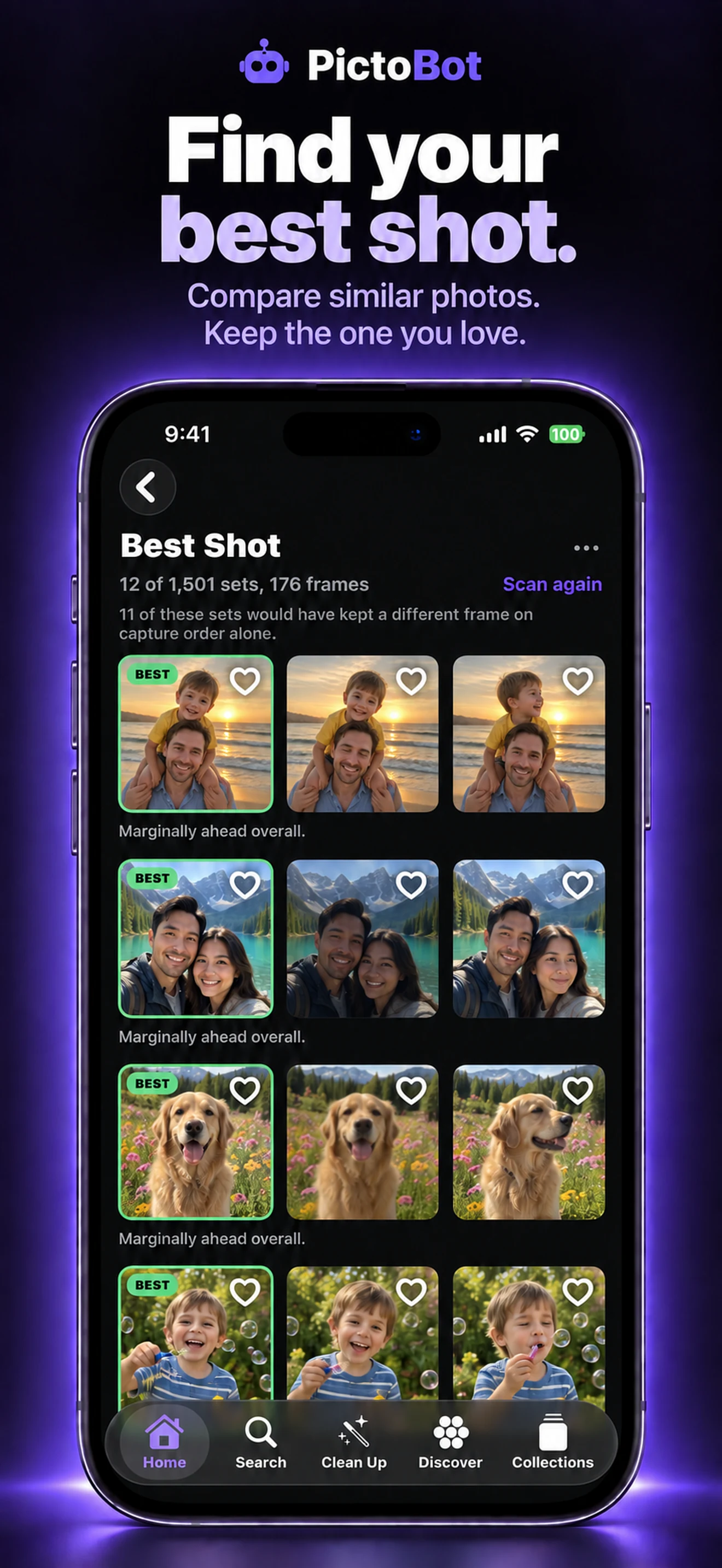 PictoBot iPhone promotional image: Find your best shot, with examples of similar photographs