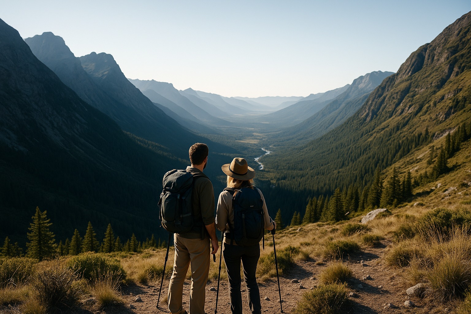 Two hikers looking across a mountain valley